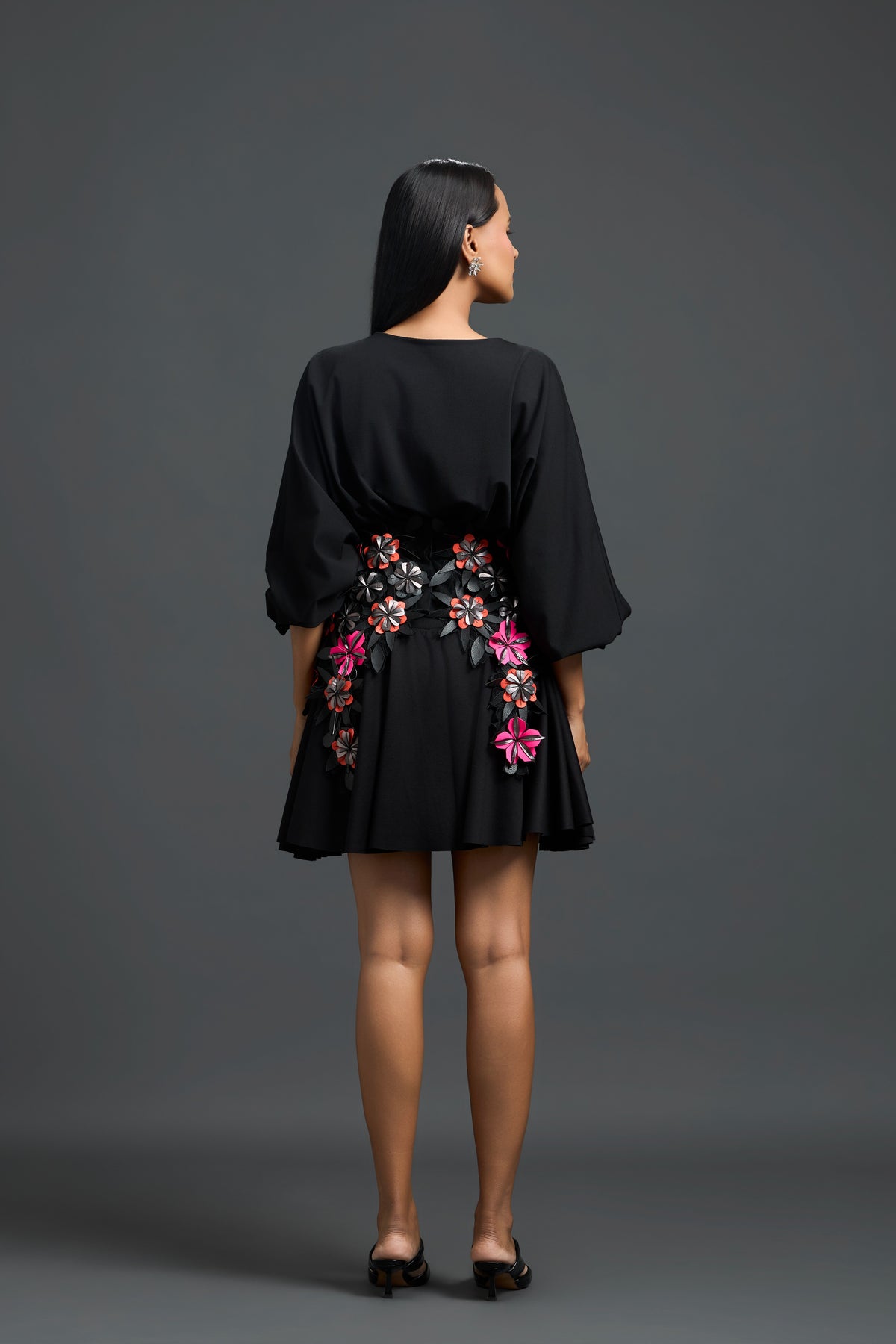 Black V-Neck Dress With Floral Belt