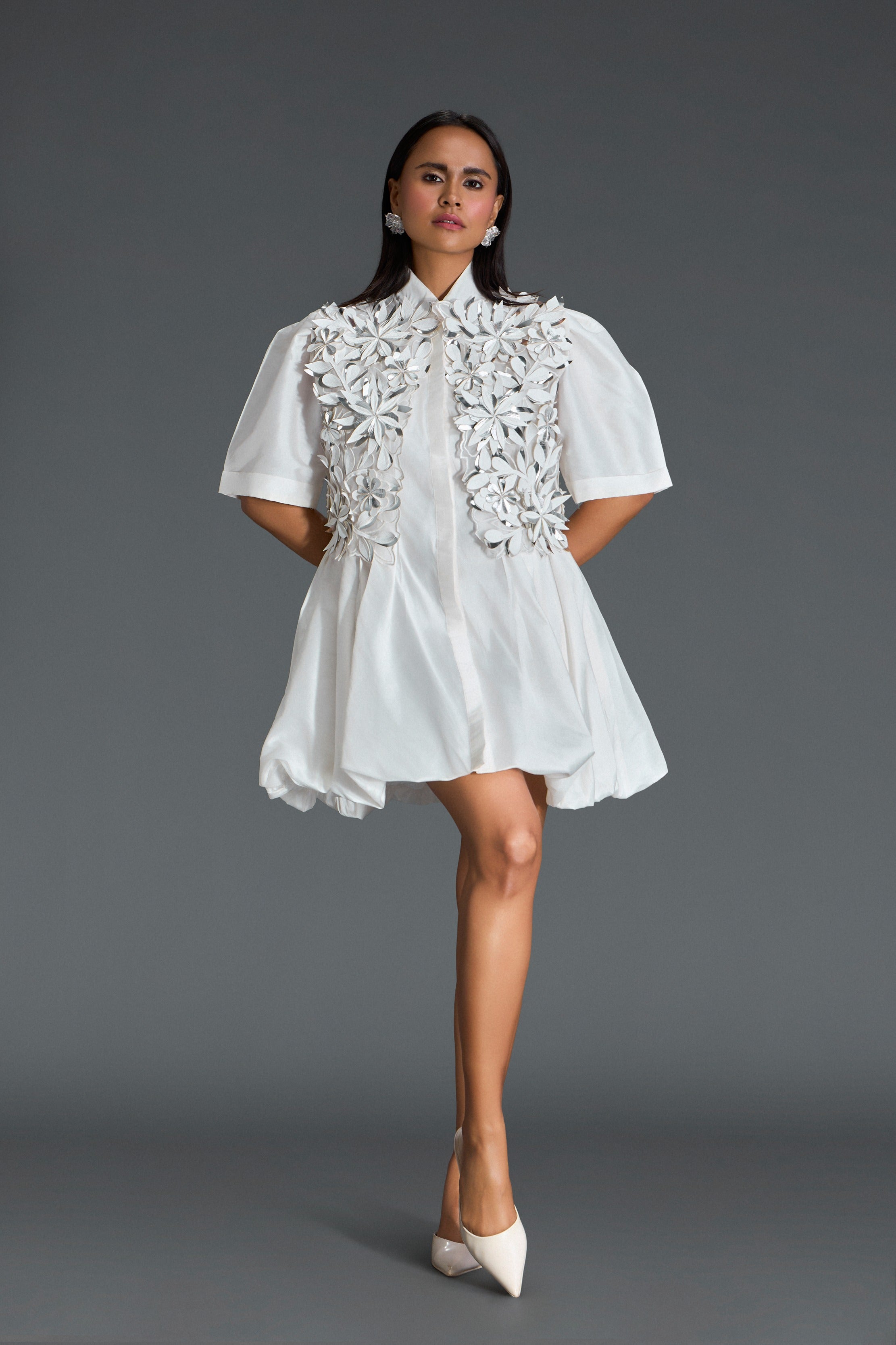 White Taffeta Bubble Dress & Floral Jacket