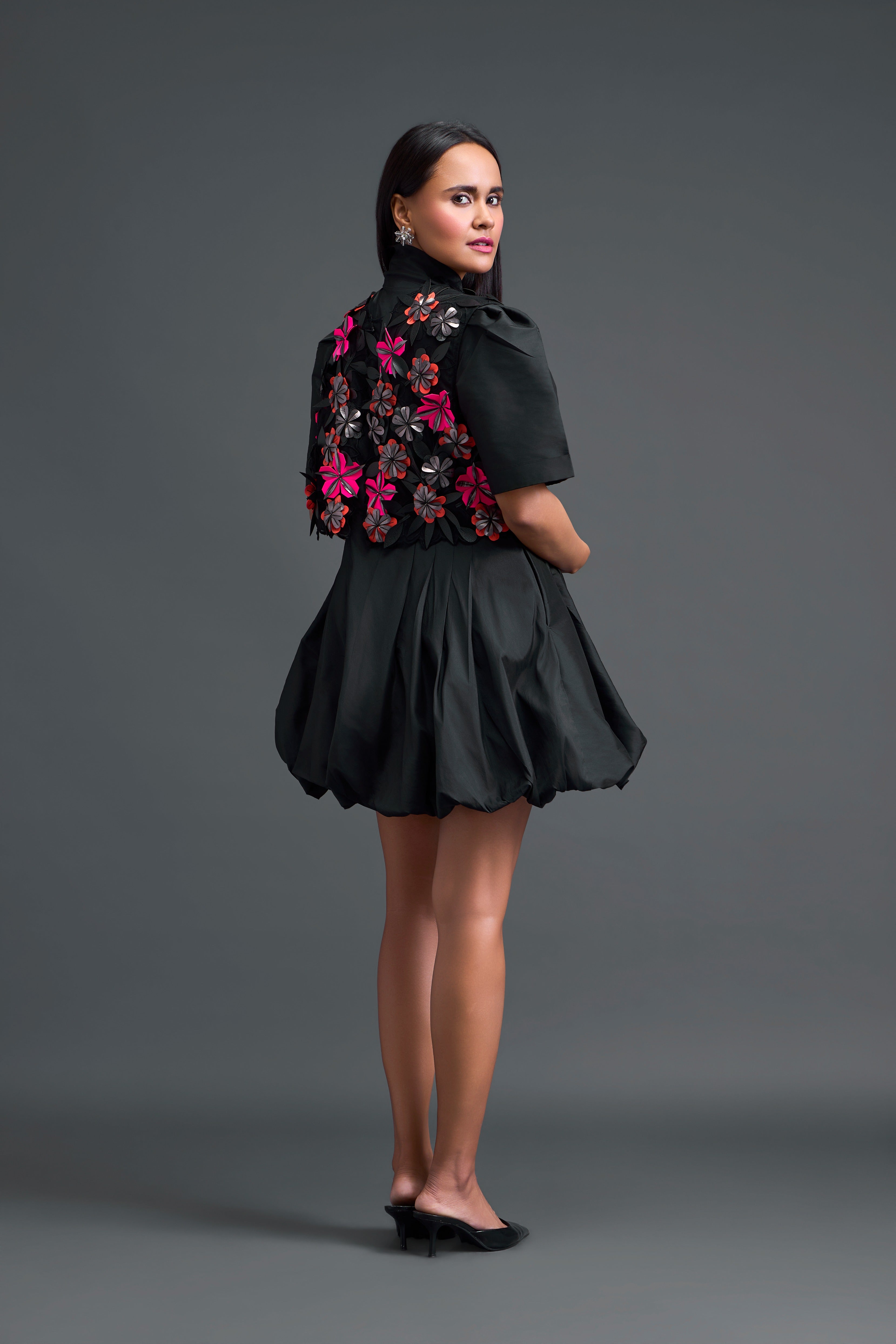Black Taffeta Bubble Dress & Floral Jacket