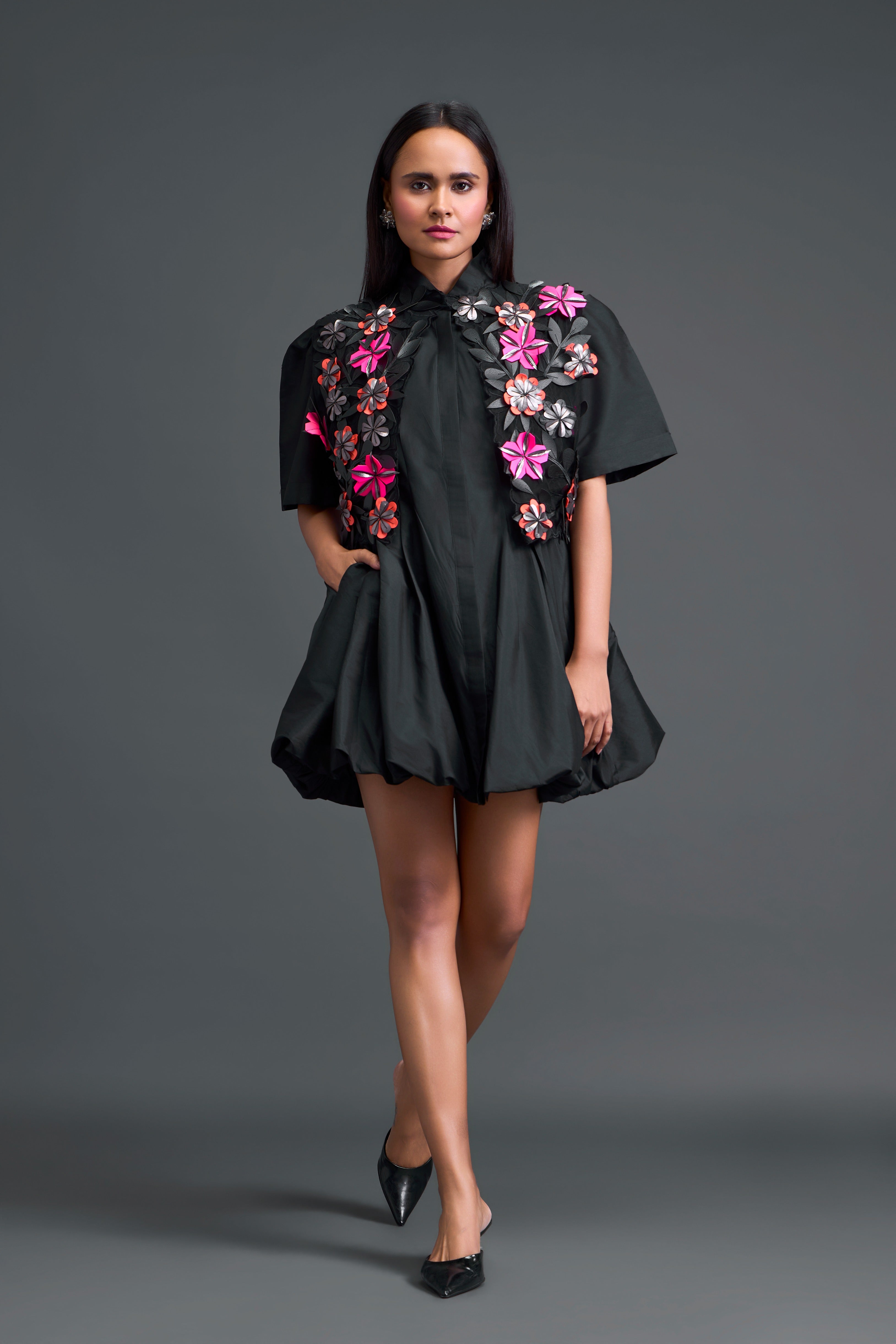Black Taffeta Bubble Dress & Floral Jacket