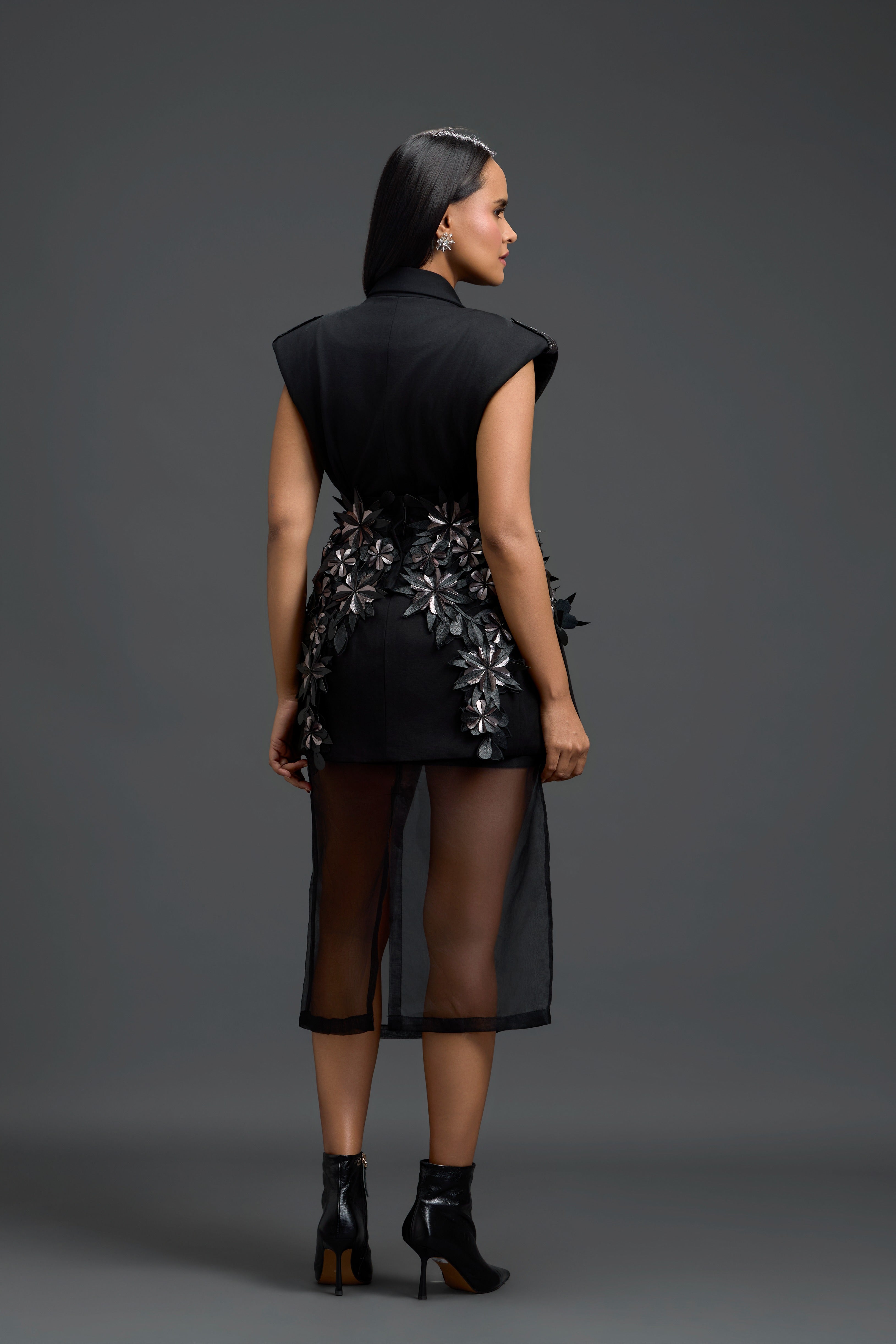 Sleeveless Floral Blazer With Organza Overlay