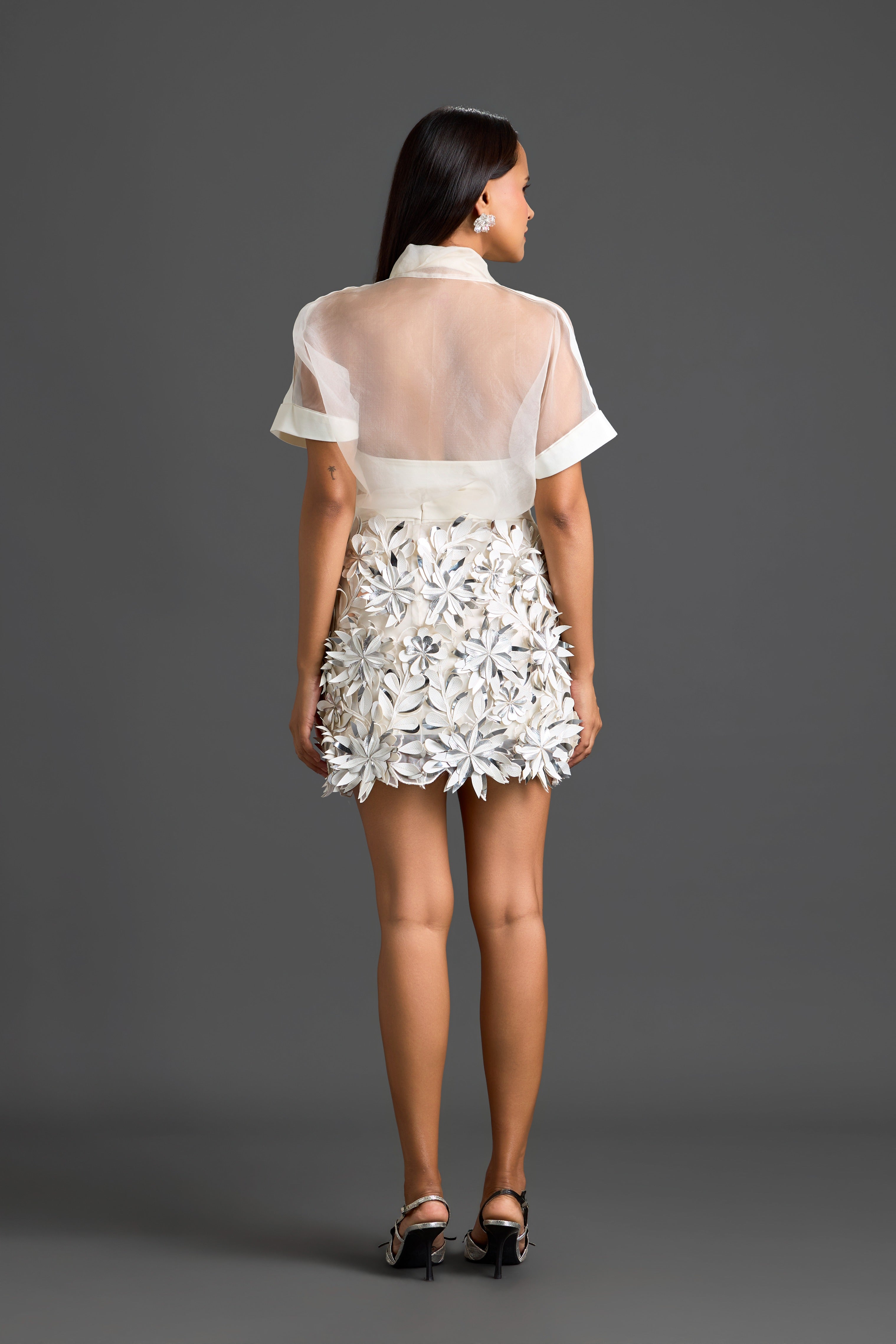 Sheer Silver Floral Embroidered Top