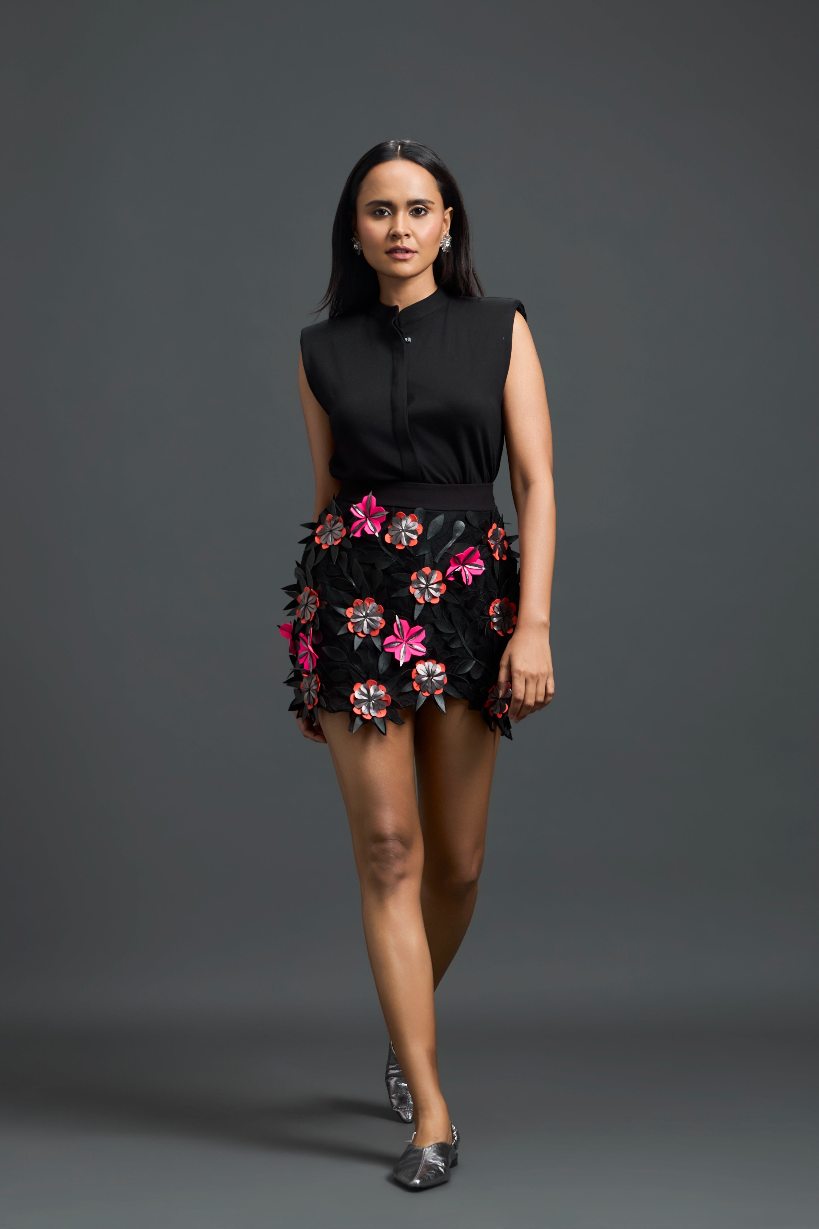 Black Embroidered Top & Skirt Set
