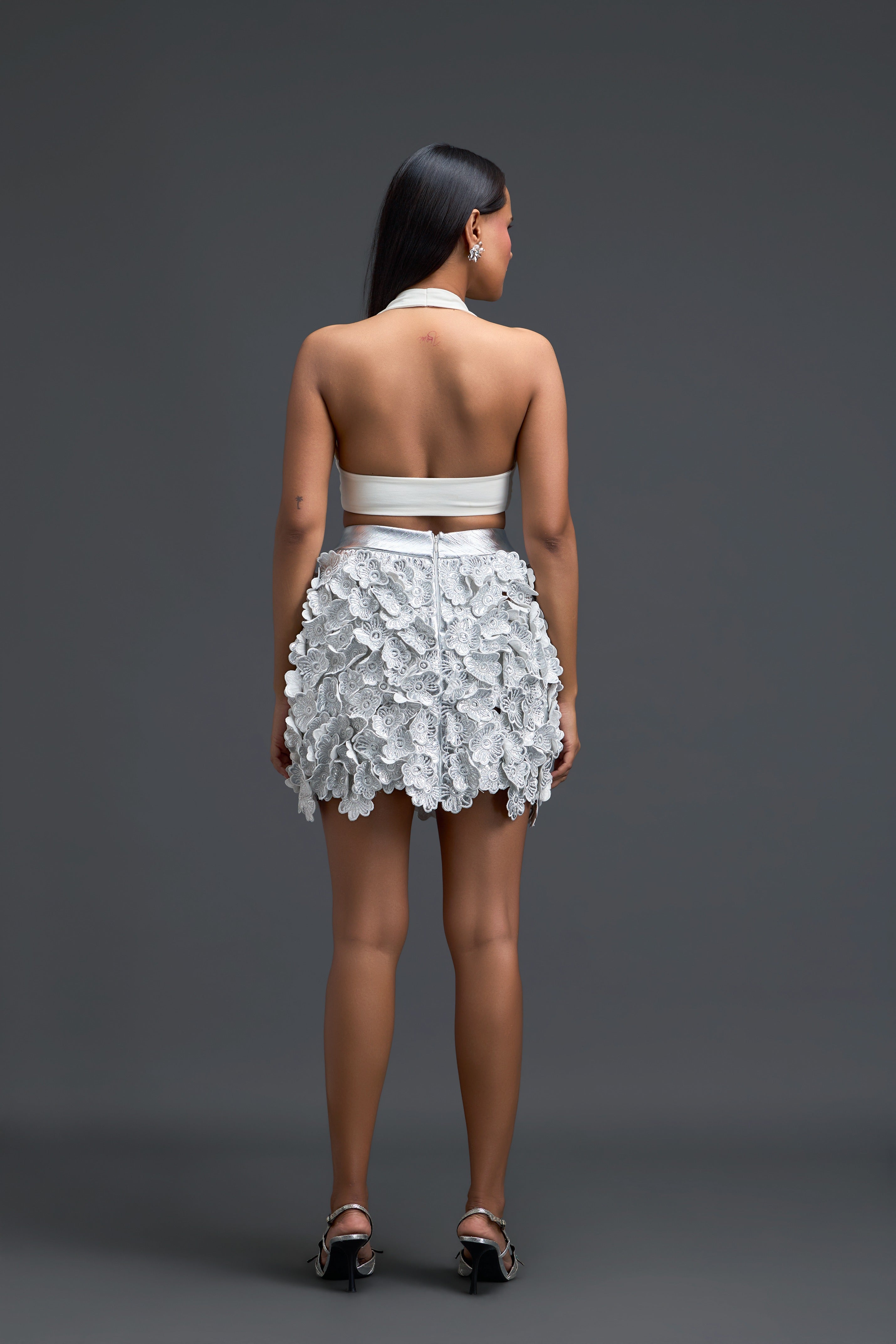 White Halter Top & Silver Floral Skirt