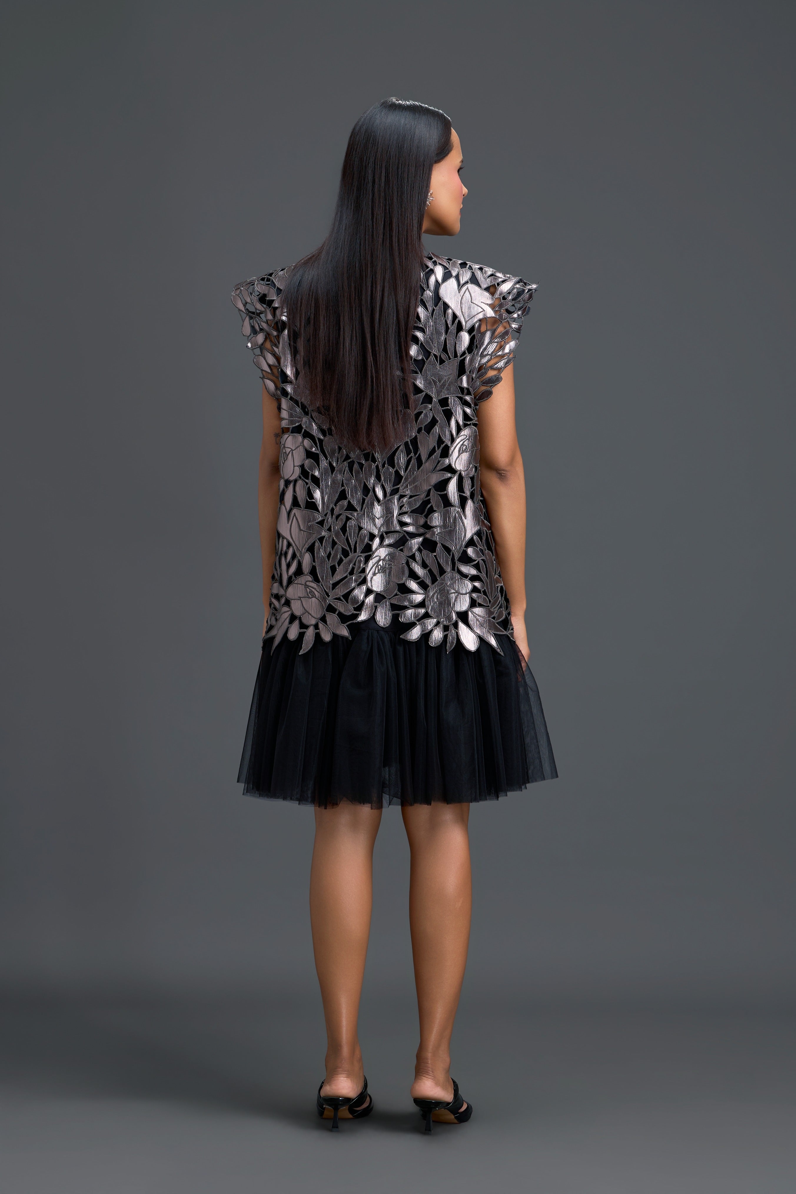Metallic Floral Appliqué Tulle Dress