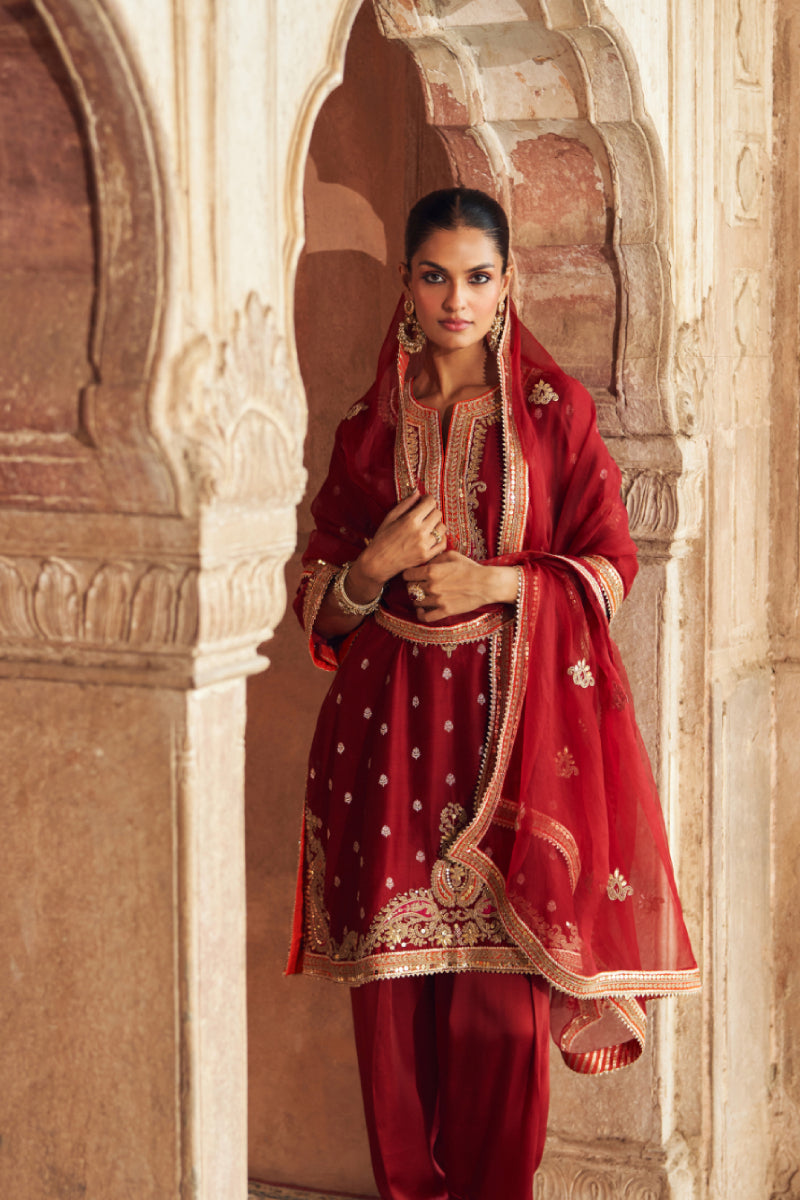 MEHWISH - DEEP RED SHORT KURTA WITH SALWAR AND DUPATTA