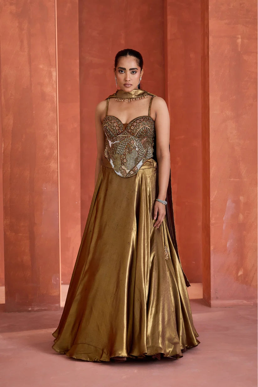 Antique Gold Corset Chokar Dupatta And Lehenga