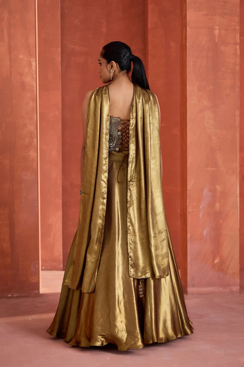 Antique Gold Corset Chokar Dupatta And Lehenga