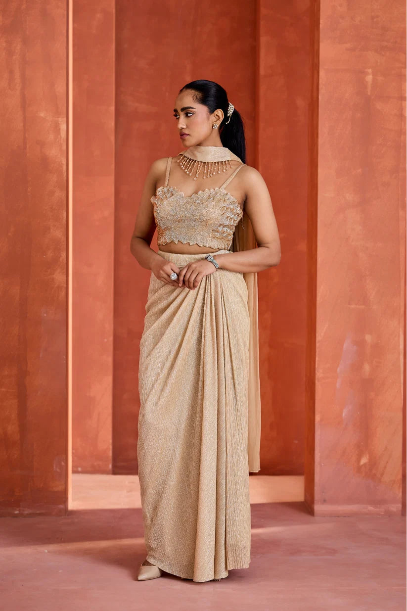 Light Gold Blouse Drape Skirt And Choker Dupatta