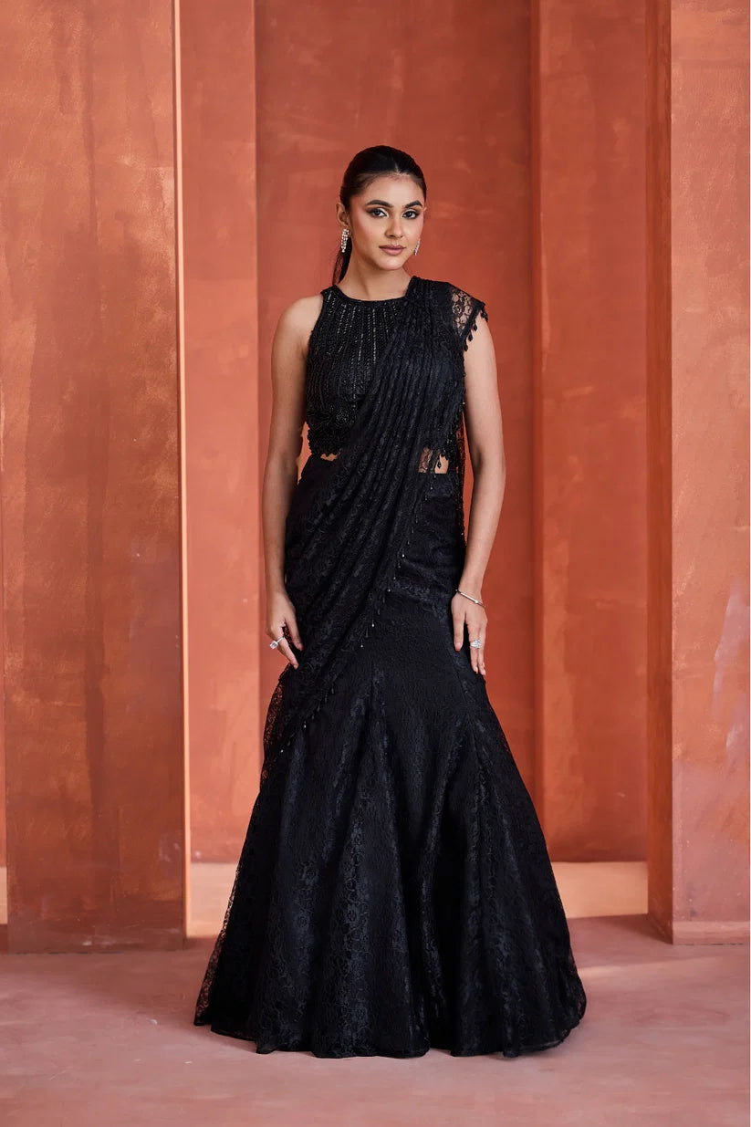 Black Shandle Lace Mermaid Skirt With Pallu And Blouse