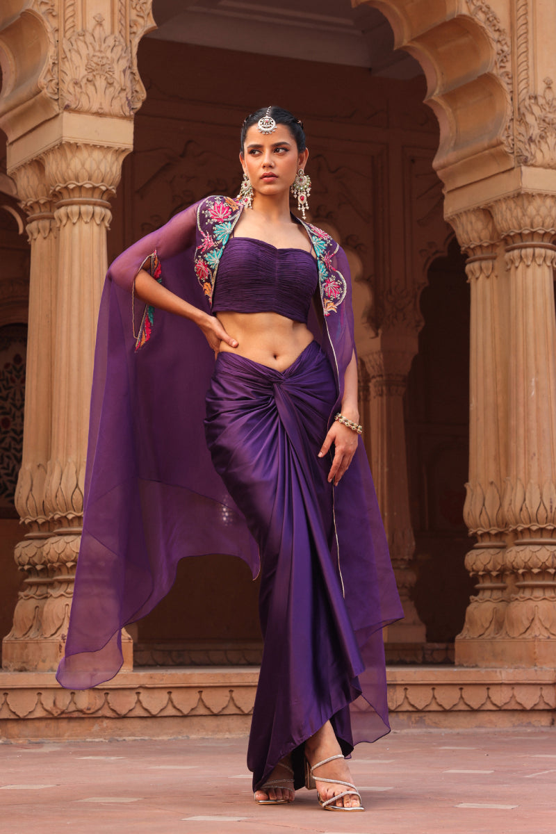 Purple Chakra dhoti cape set