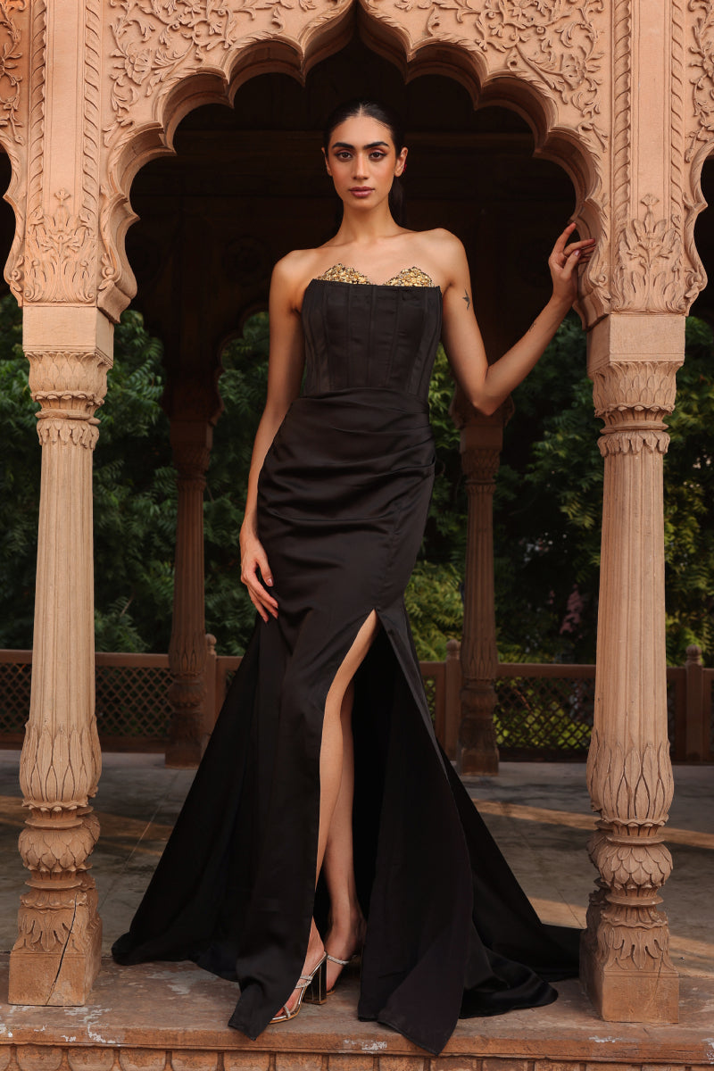 Black corset draped gown