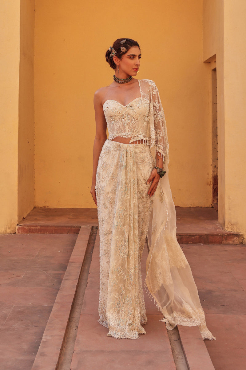 Charlotte ivory chantelley drape saree
