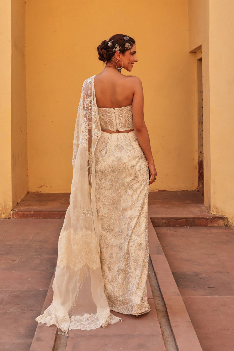 Charlotte ivory chantelley drape saree