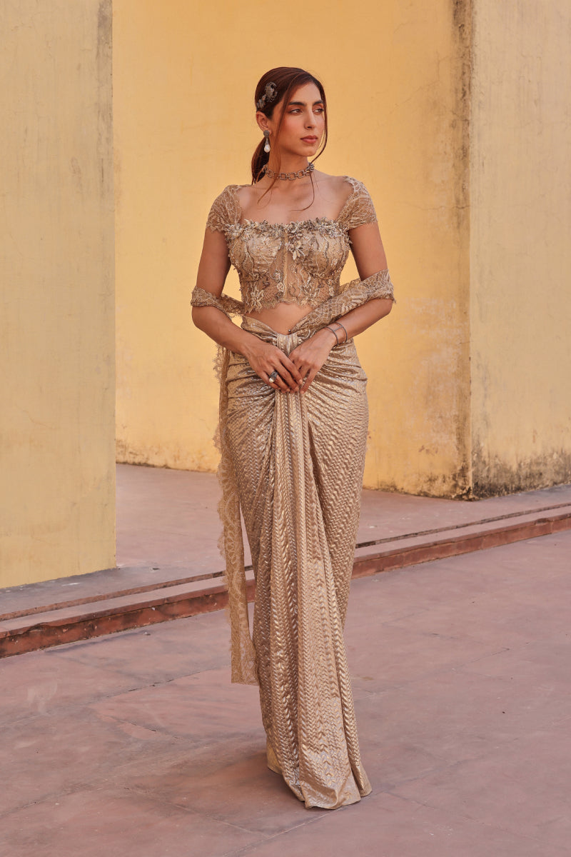 Golden Mary draped metallic saree