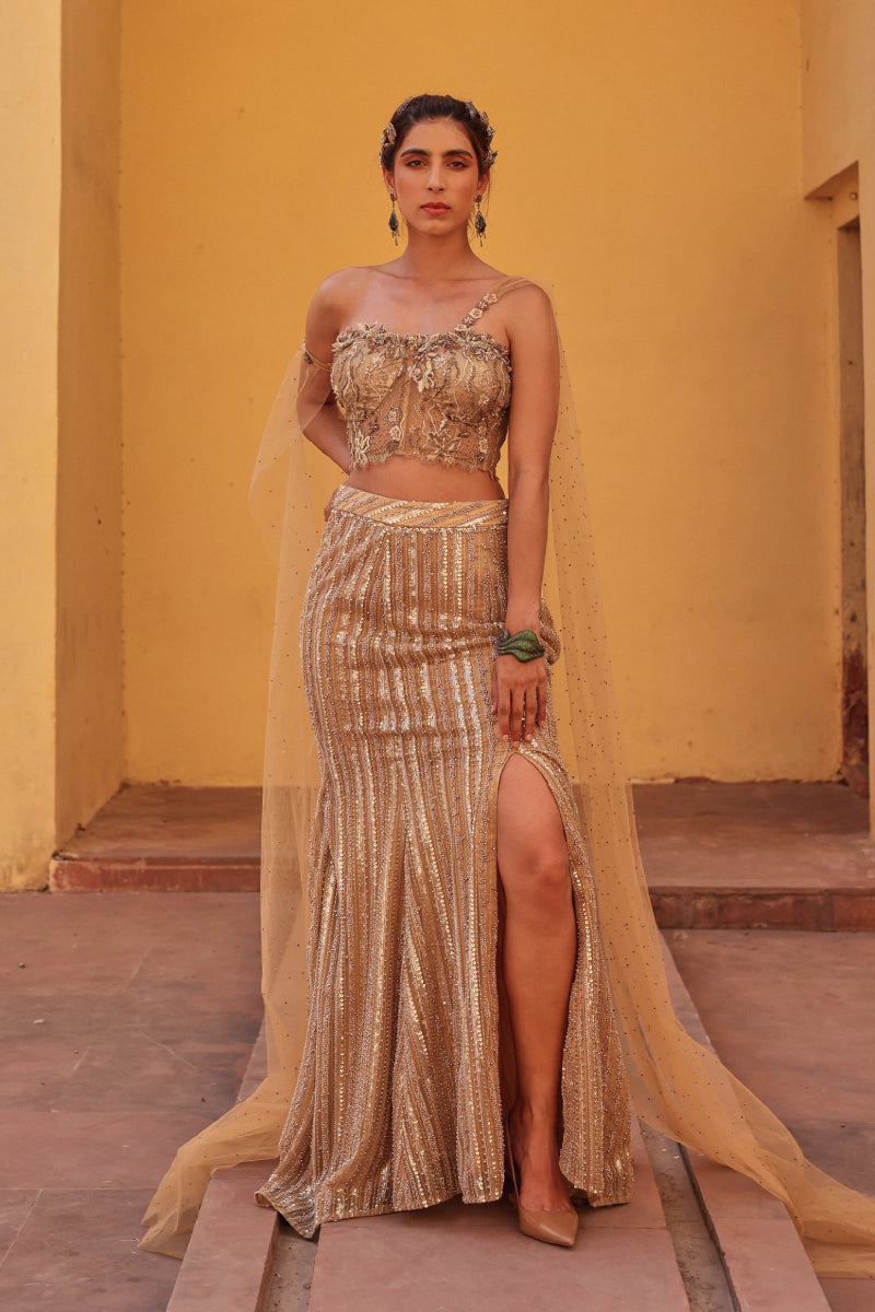 Gold Fish-Cut Lehenga Set