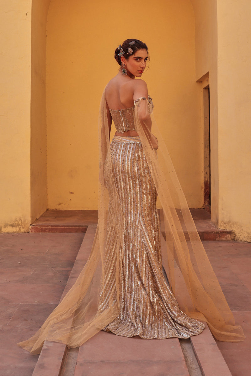 Gold Fish-Cut Lehenga Set