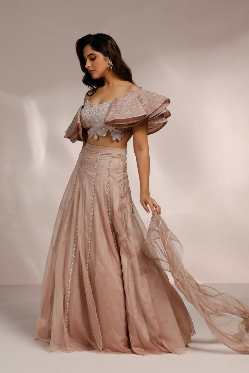 Champagne Skirt With Flared Sleeves Blouse And Dupatta Set