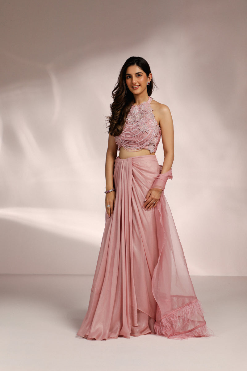 Blush Pink Drape Saree With Latkan Blouse Set