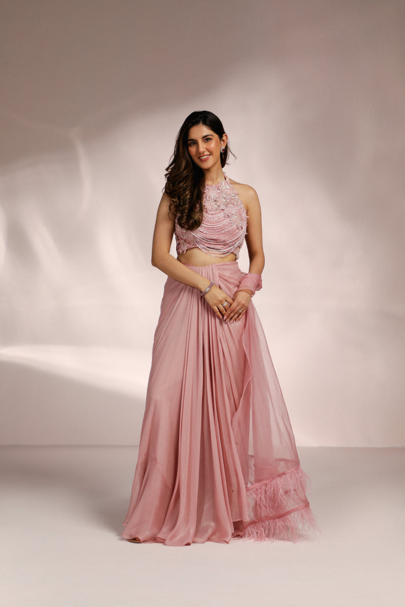 Blush Pink Drape Saree With Latkan Blouse Set
