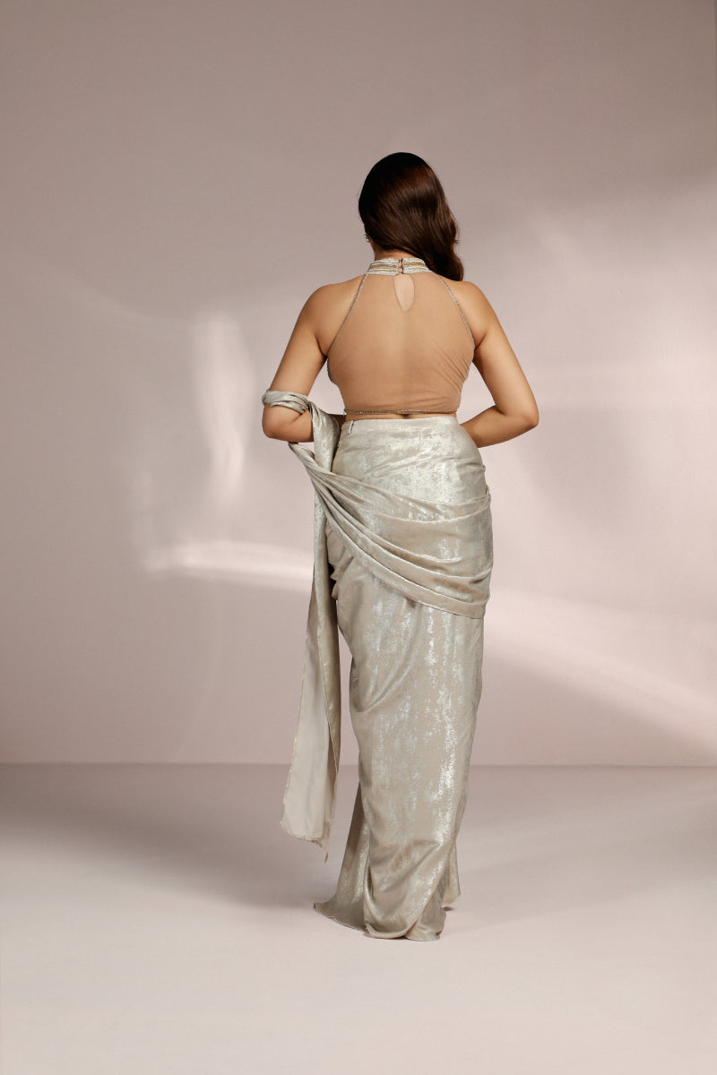 Metallic Golden Drape Saree And Latkan Blouse Set