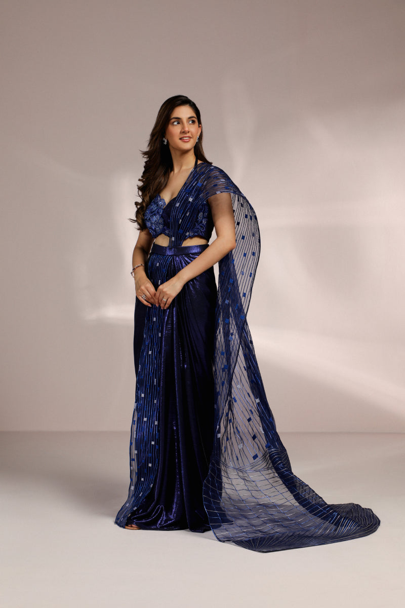 Midnight Blue Metallic Structure Drape Saree