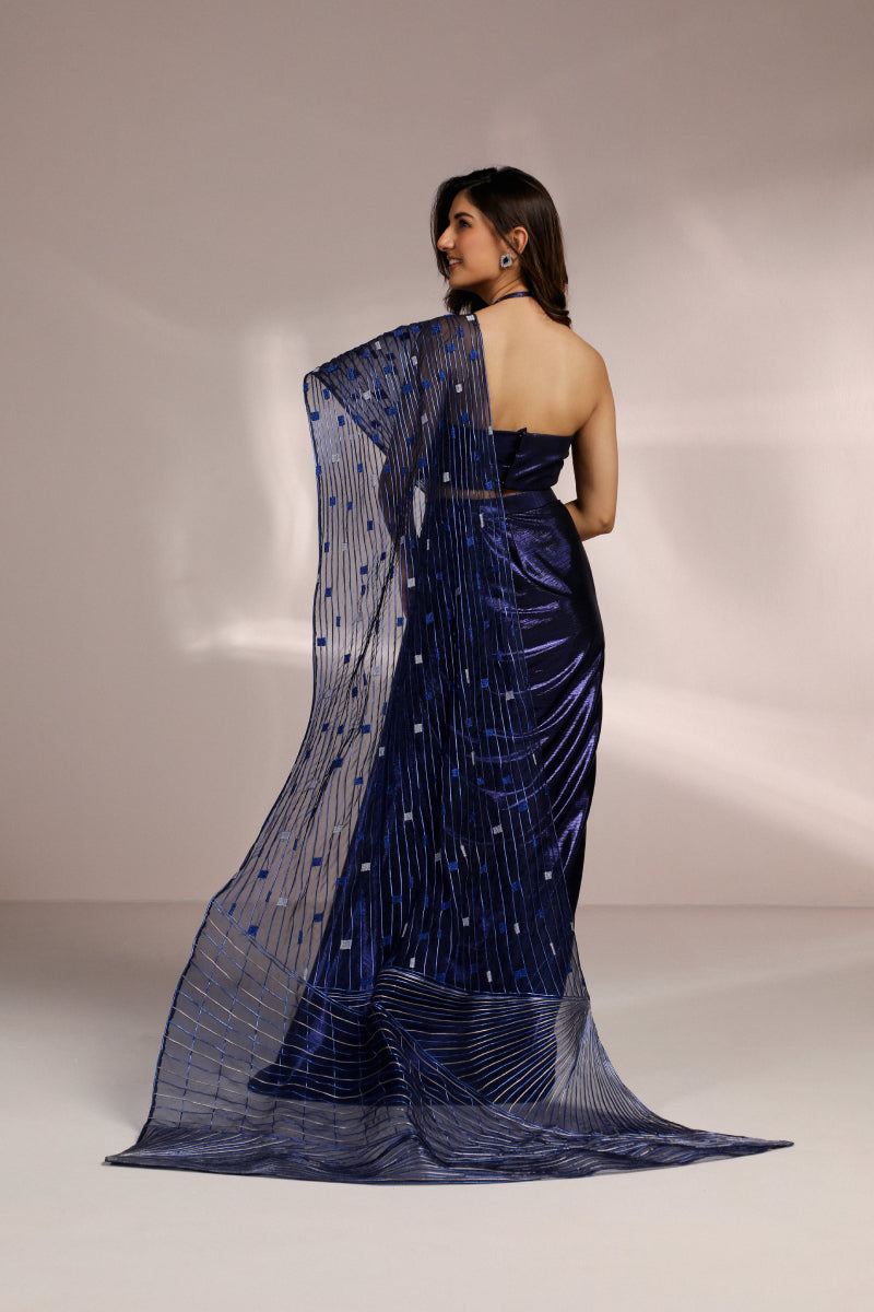 Midnight Blue Metallic Structure Drape Saree