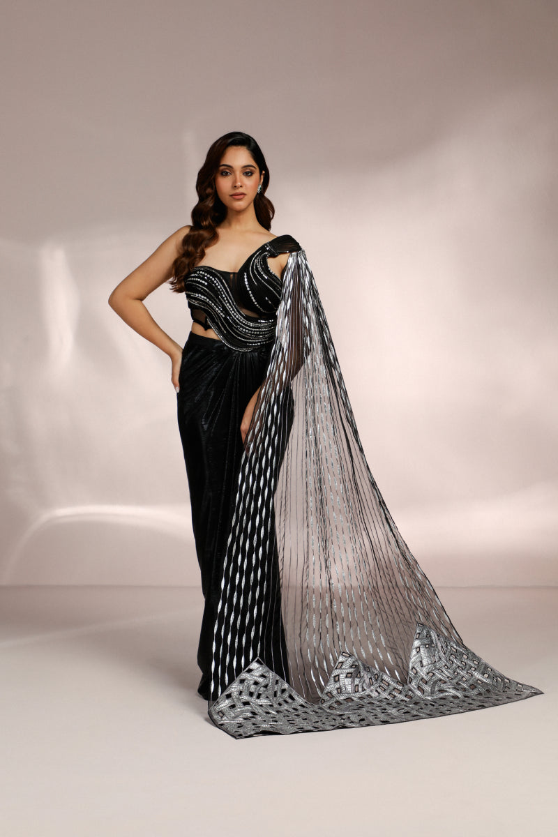 Metallic Drape Saree And Structured Blouse & Palla Set