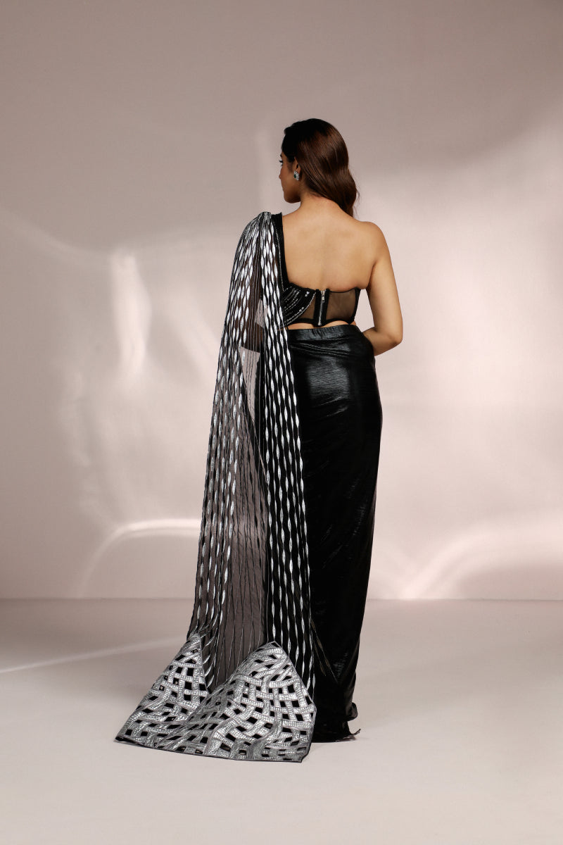 Metallic Drape Saree And Structured Blouse & Palla Set