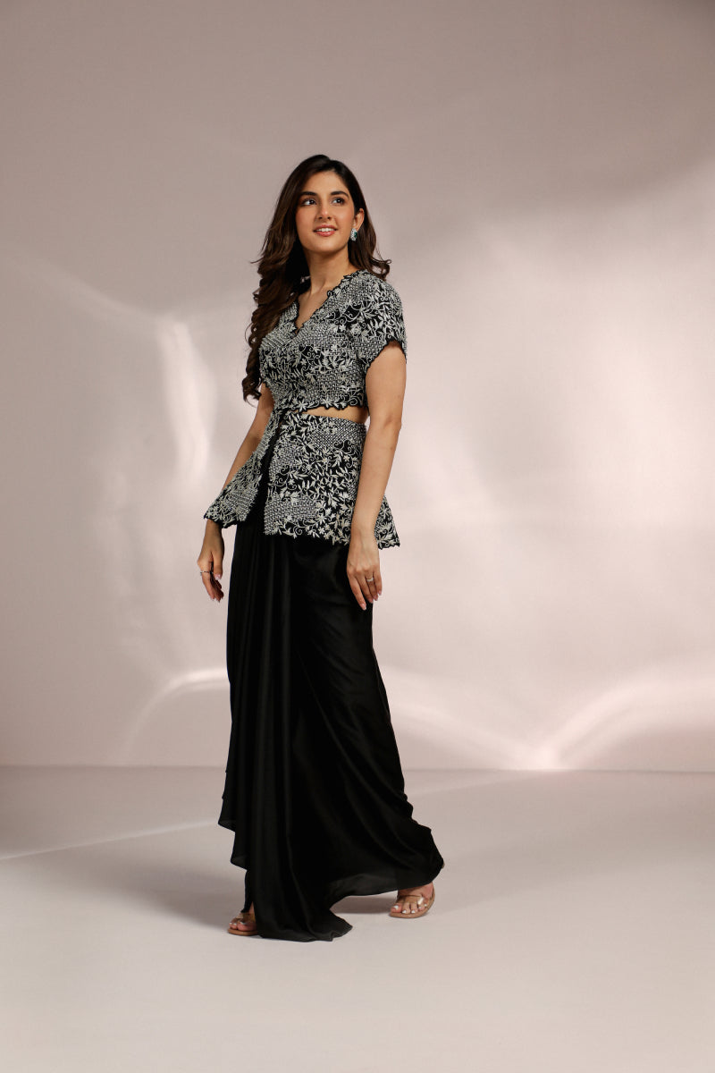 Black Drape Saree And Detatchable Peplum Blouse