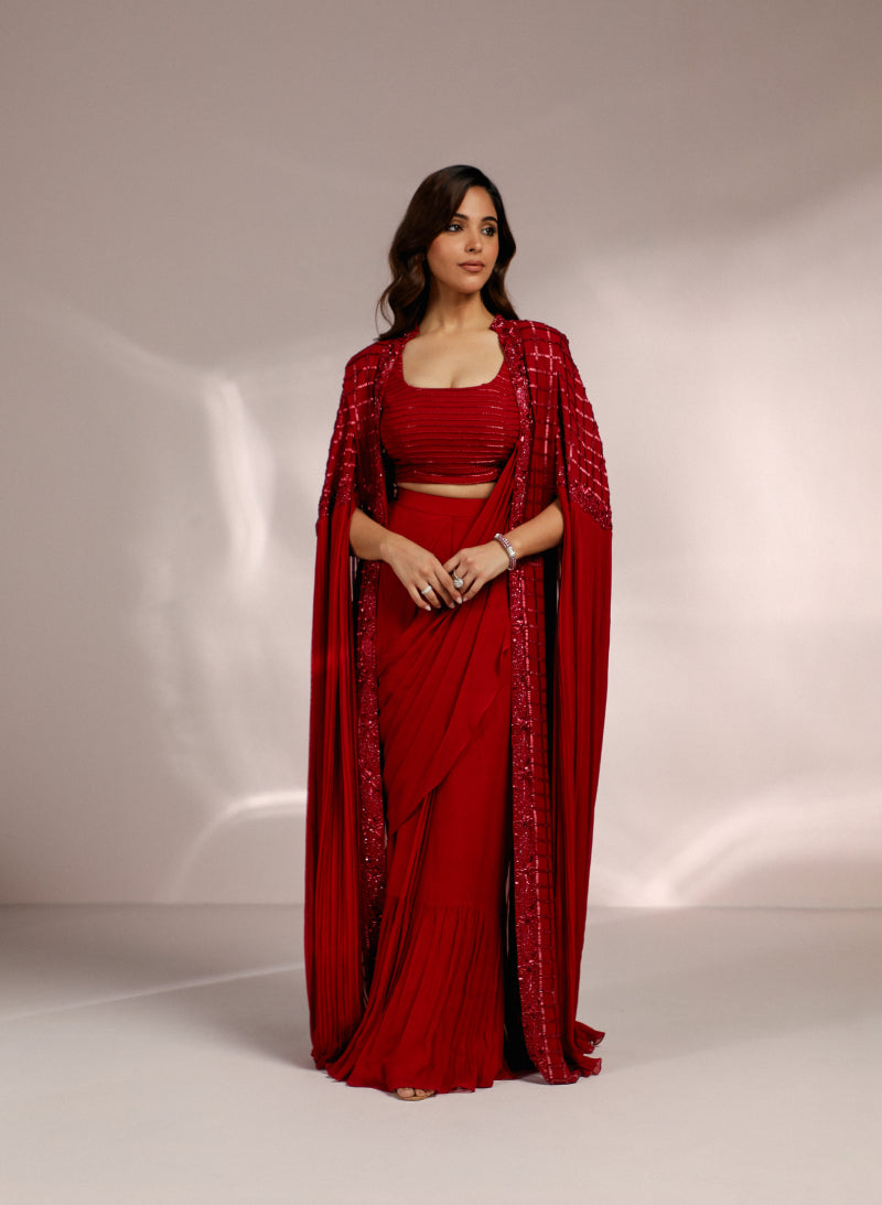 Red Power Shoulder Long Cape Drape Saree