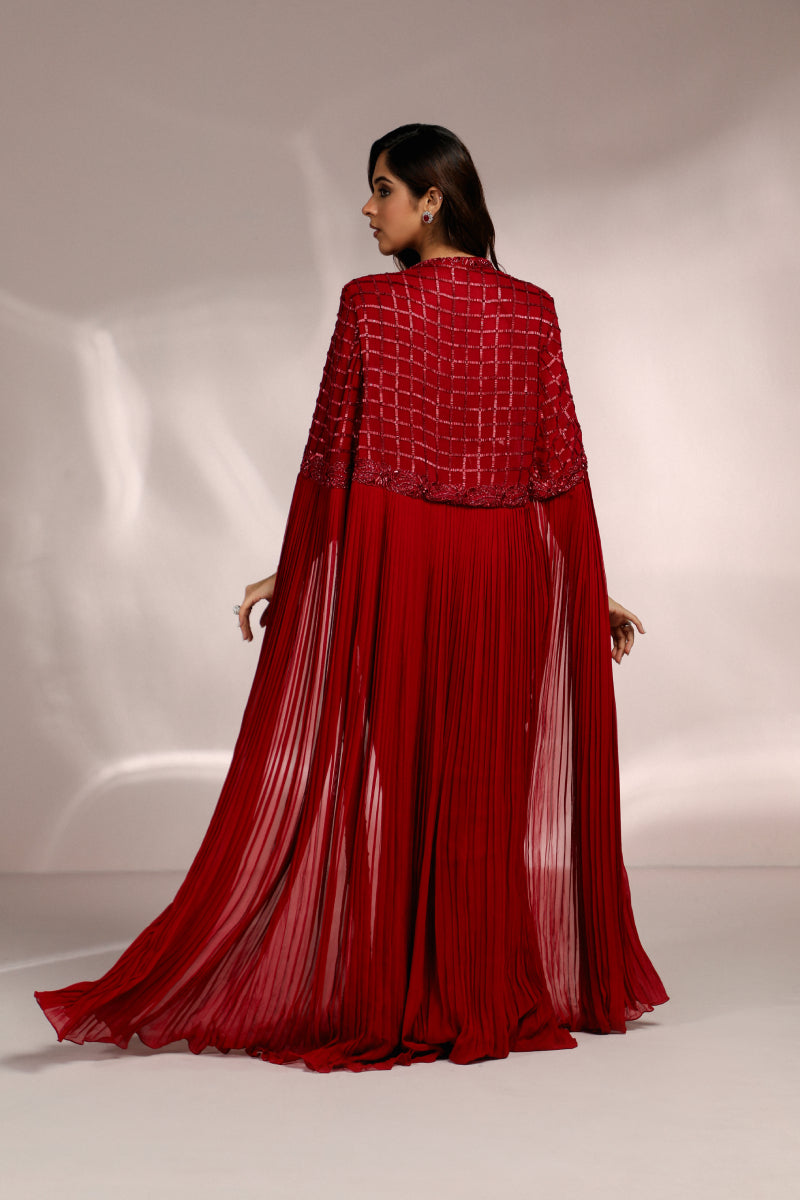 Red Power Shoulder Long Cape Drape Saree