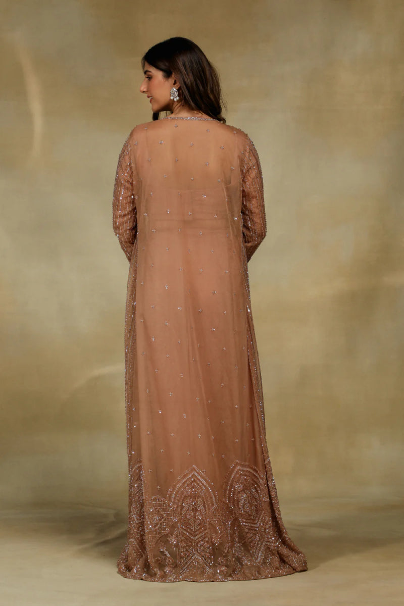 Coral Pink Draped Skirt Saree With Blouse And Jacket Set