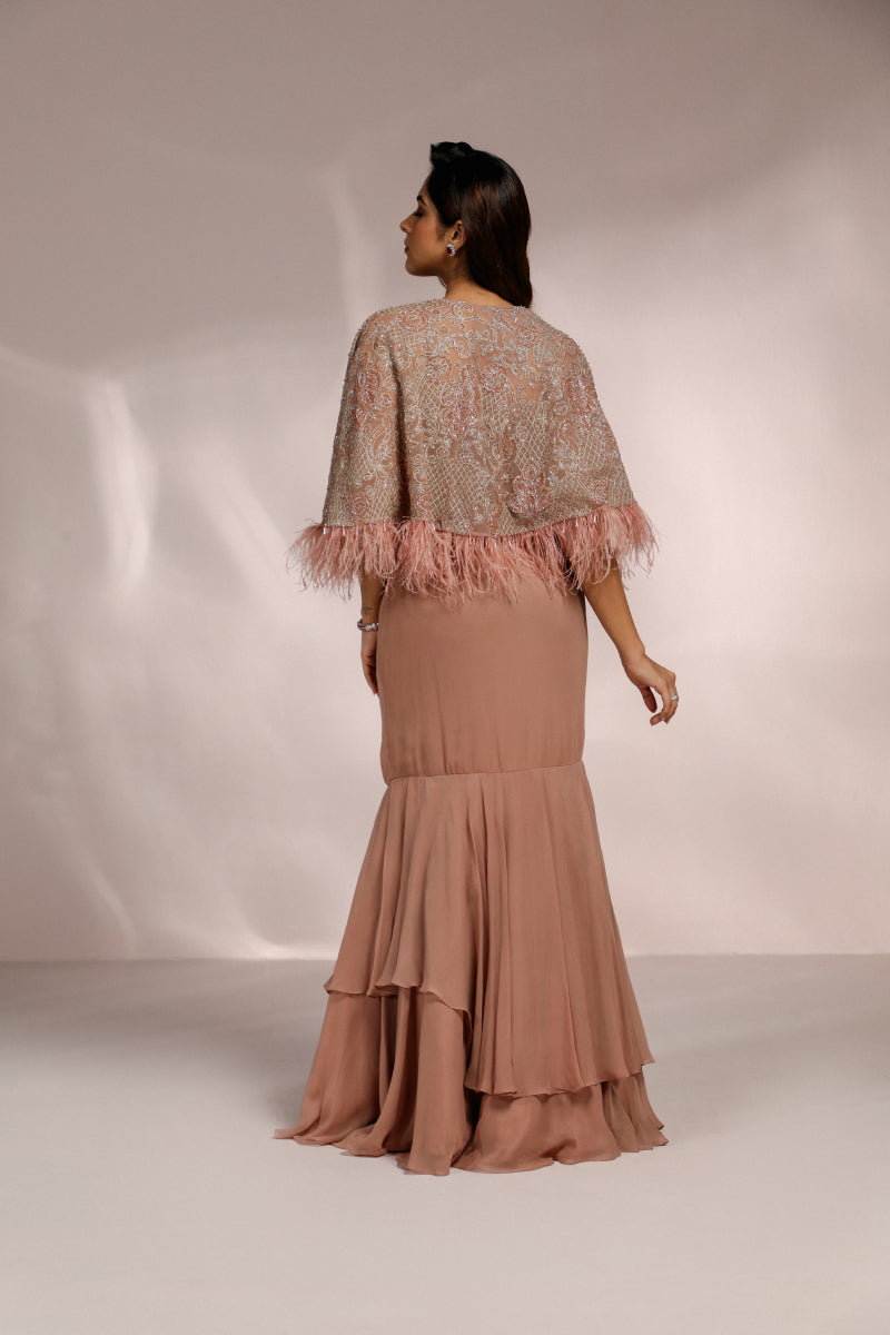Dusky Pink Fishcut Skirt With Blouse And Short Cape