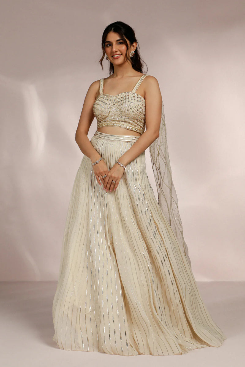 Cream Illusion Skirt With Blouse And Structure Dupatta Set