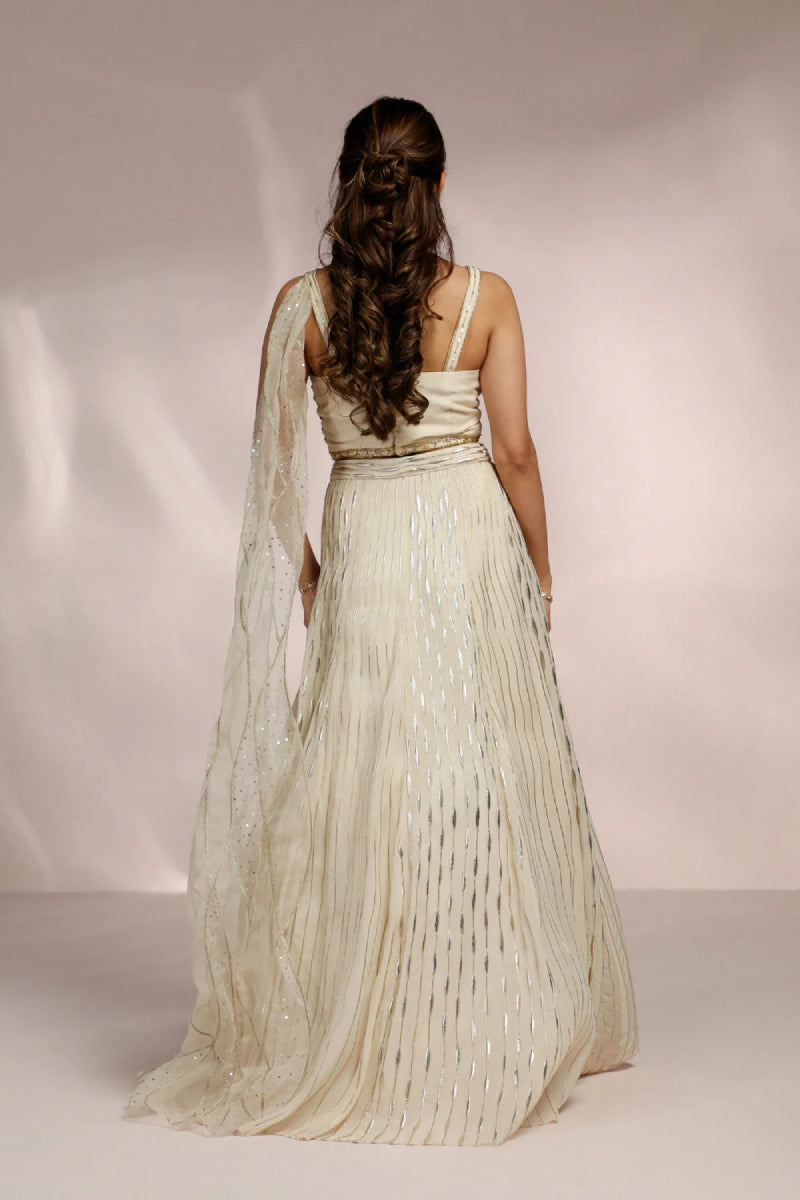 Cream Illusion Skirt With Blouse And Structure Dupatta Set