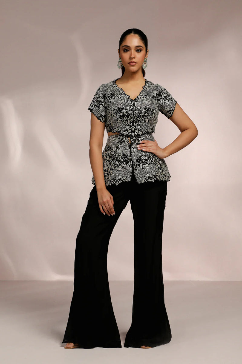 Blouse With Detachable Peplum And Slit Pant Set