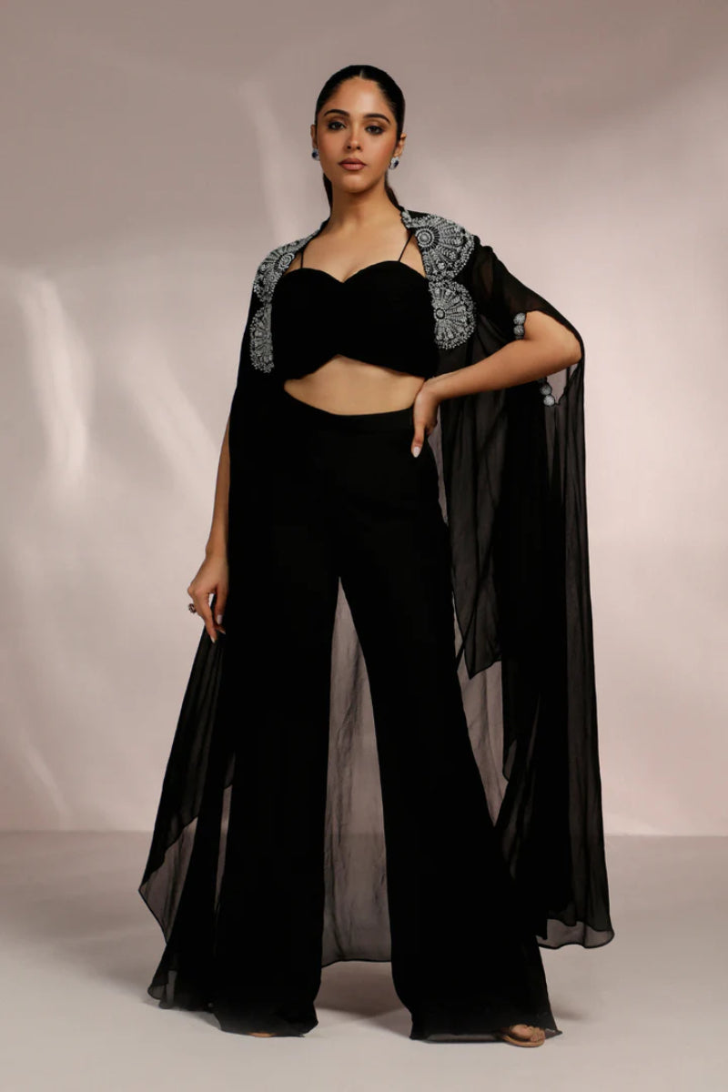 Ruching Blouse With Side Slit Pant And Cape Set