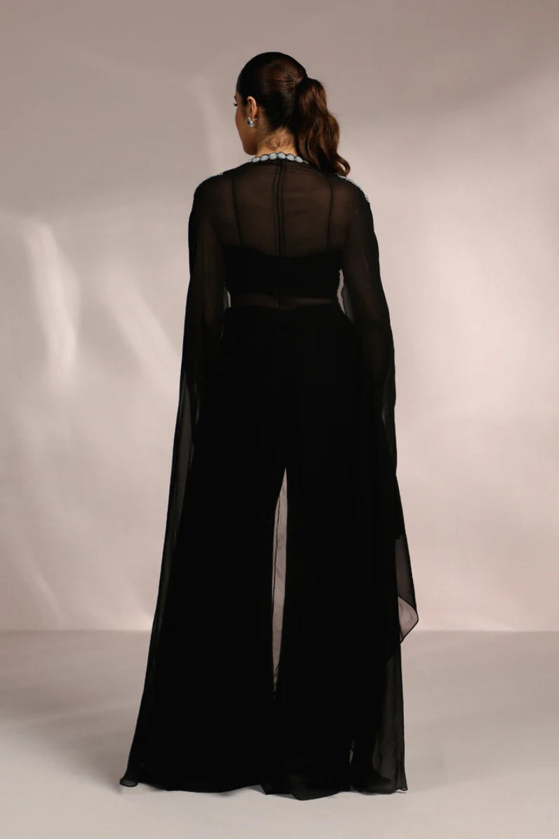 Ruching Blouse With Side Slit Pant And Cape Set