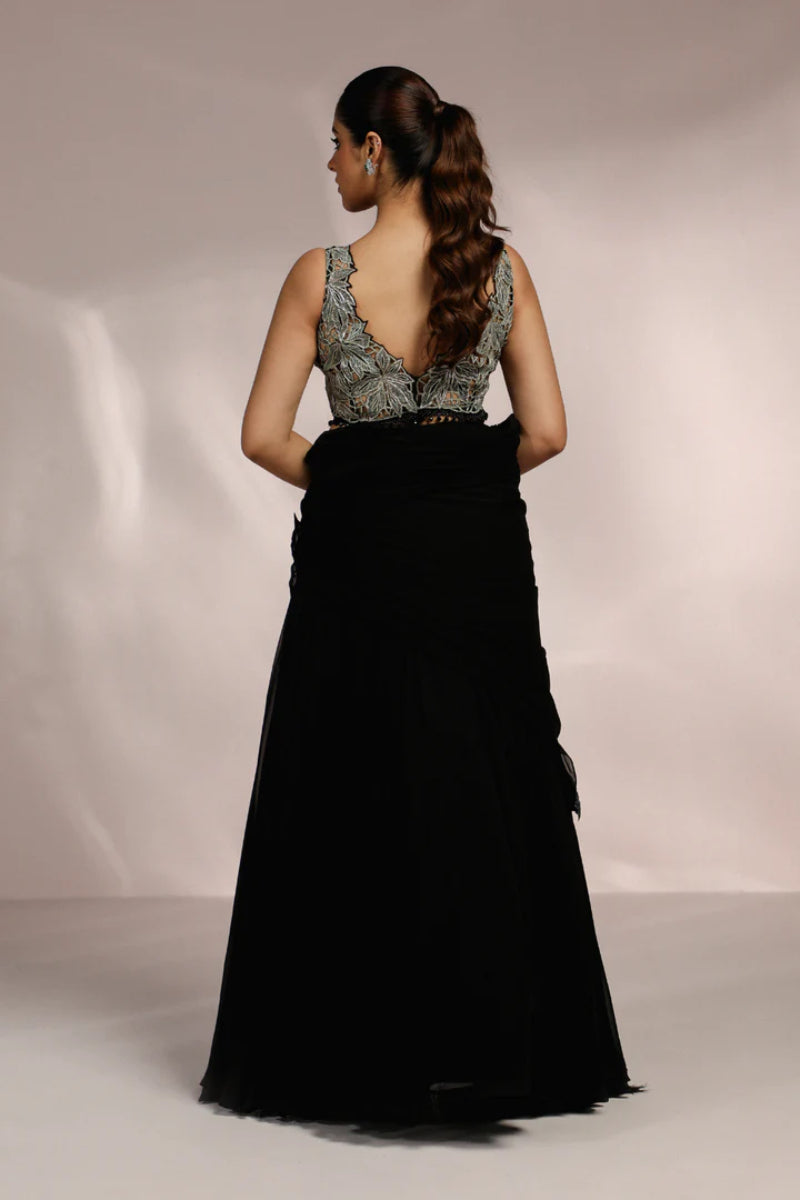 Black Cutwork Leaf Blouse With Draped Dupatta Set