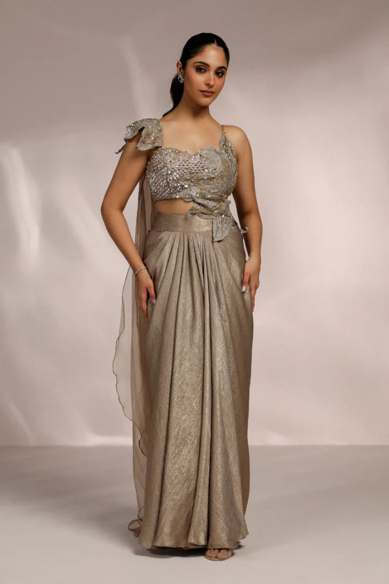 Beige Grey Color Drape Skirt With Bustier Set