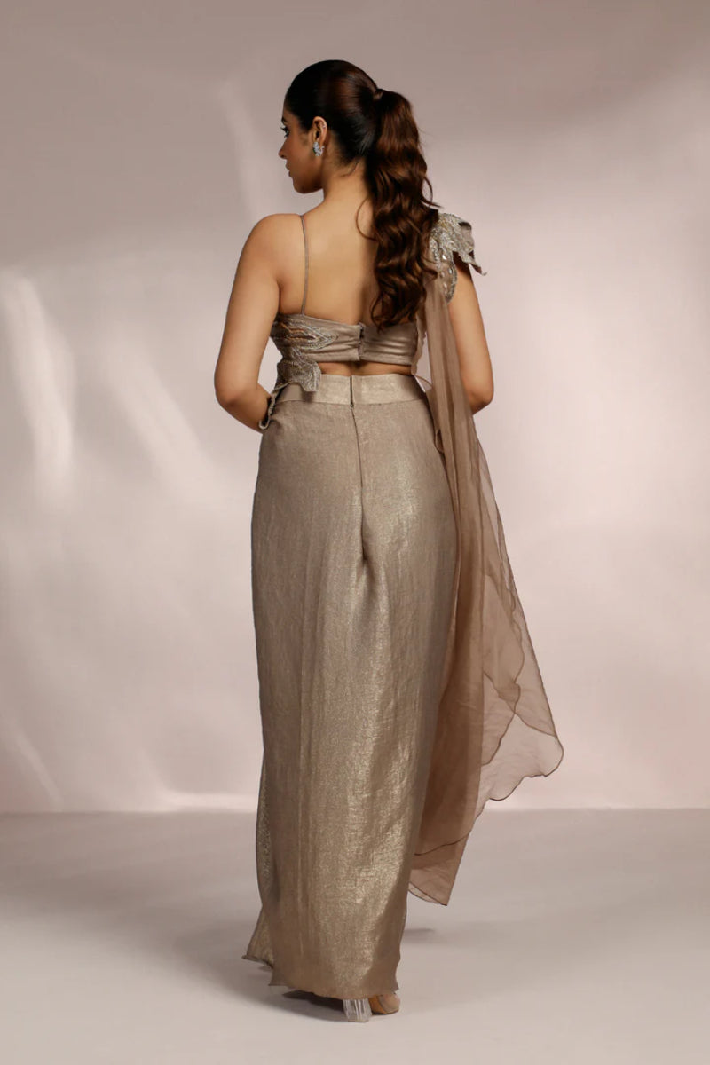 Beige Grey Color Drape Skirt With Bustier Set