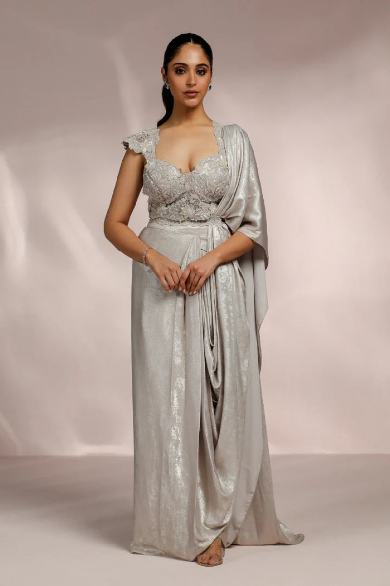 Silver Metallic Draped Saree With Cutwork Blouse