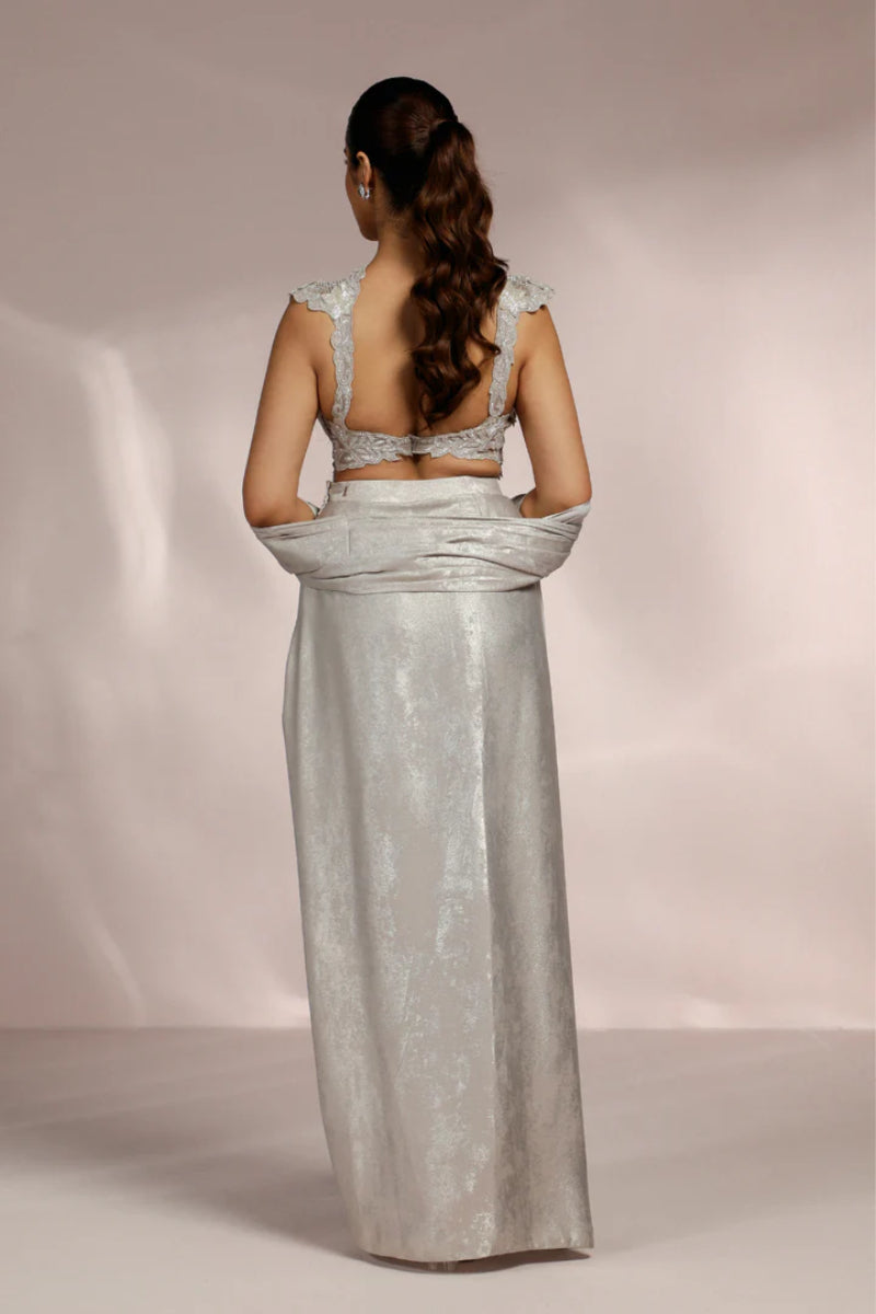 Silver Metallic Draped Saree With Cutwork Blouse