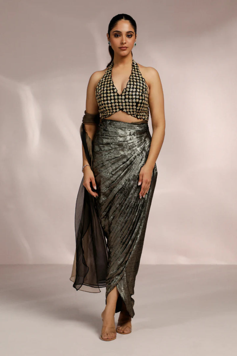 Golden Metallic Drape Skirt With Halter Blouse