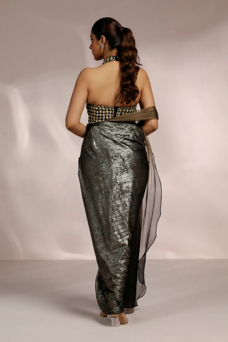 Golden Metallic Drape Skirt With Halter Blouse