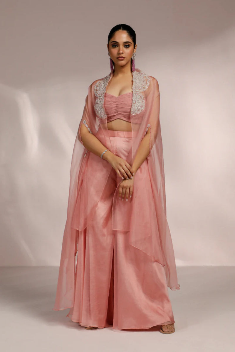 Blouse With Areb Pant With Rushing Blouse And Cape Set