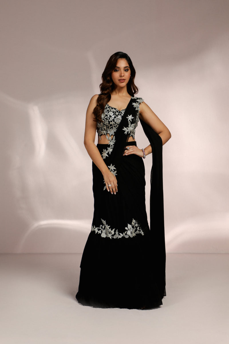 Black Pleated Double Layered Fish Cut Saree With Cutwork Blouse