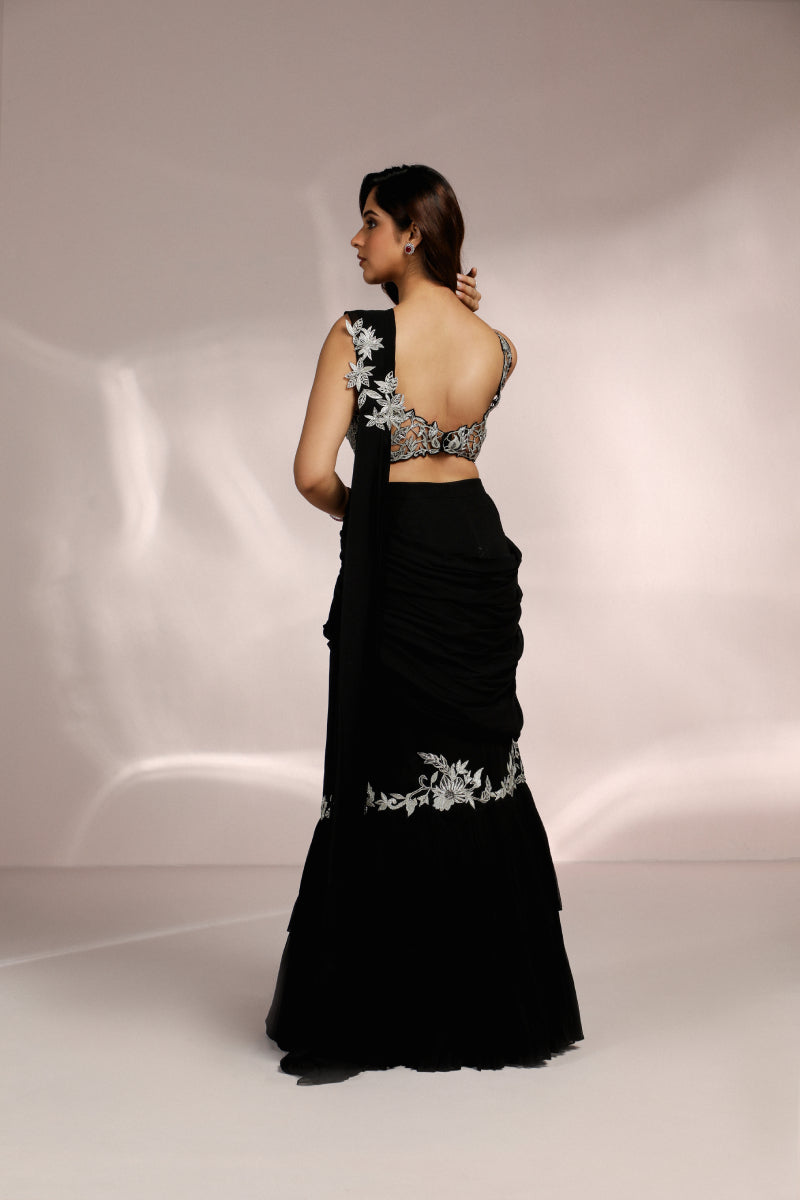 Black Pleated Double Layered Fish Cut Saree With Cutwork Blouse