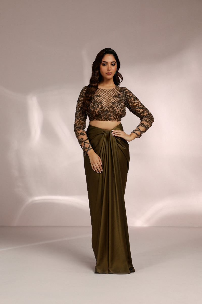 Olive Green Drape Skirt And Full Sleeve Blouse